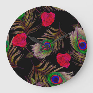 Aquarellfarbene Rose, Pfauenfedern, dekorativ. Große Wanduhr