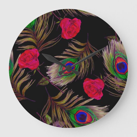 Aquarellfarbene Rose, Pfauenfedern, dekorativ. Große Wanduhr (Vorderseite)