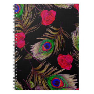 Aquarellfarbene Rose, Pfauenfedern, dekorativ. Notizblock
