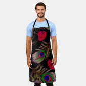 Aquarellfarbene Rose, Pfauenfedern, dekorativ. Schürze (Getragen)