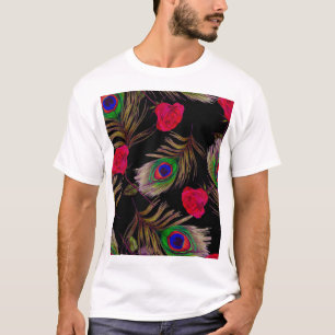 Aquarellfarbene Rose, Pfauenfedern, dekorativ. T-Shirt
