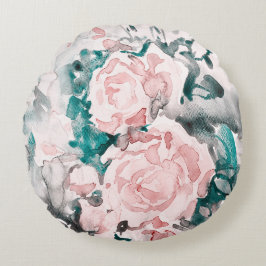 Aquarellfarbene Rose Rosa, Aquamarin, Grau Rundes Kissen
