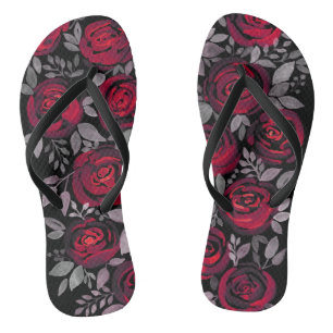 Aquarellfarbene Rose, rote Rosen in Schwarz Badesandalen