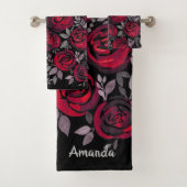Aquarellfarbene Rose, rote Rosen in Schwarz Badhandtuch Set (Insitu)