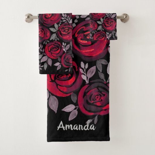 Aquarellfarbene Rose, rote Rosen in Schwarz Badhandtuch Set (Insitu)