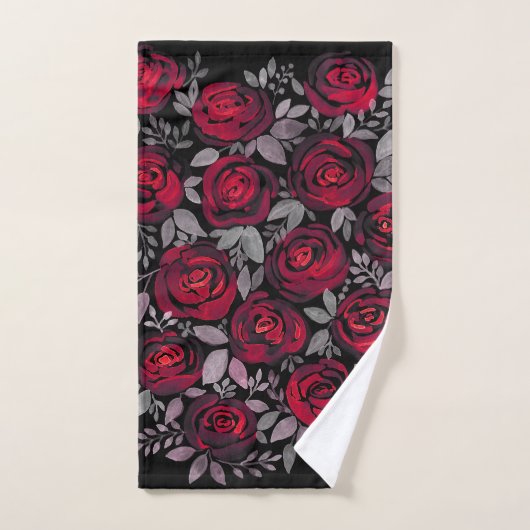 Aquarellfarbene Rose, rote Rosen in Schwarz Badhandtuch Set (Handtuch)