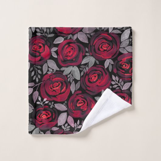 Aquarellfarbene Rose, rote Rosen in Schwarz Badhandtuch Set (Waschlappen)