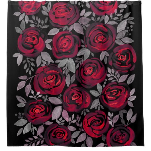 Aquarellfarbene Rose, rote Rosen in Schwarz Duschvorhang (Vorderseite)