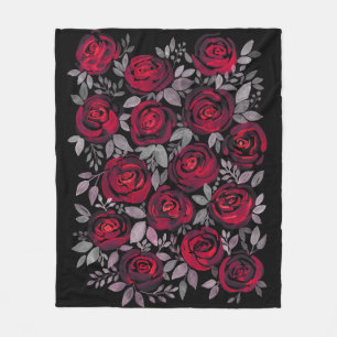 Aquarellfarbene Rose, rote Rosen in Schwarz Fleecedecke