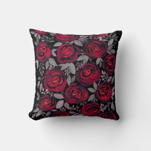 Aquarellfarbene Rose, rote Rosen in Schwarz Kissen
