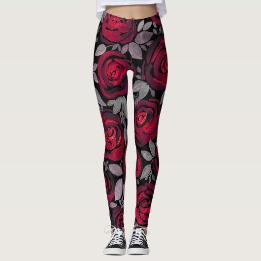 Aquarellfarbene Rose, rote Rosen in Schwarz Leggings (Vorderseite)