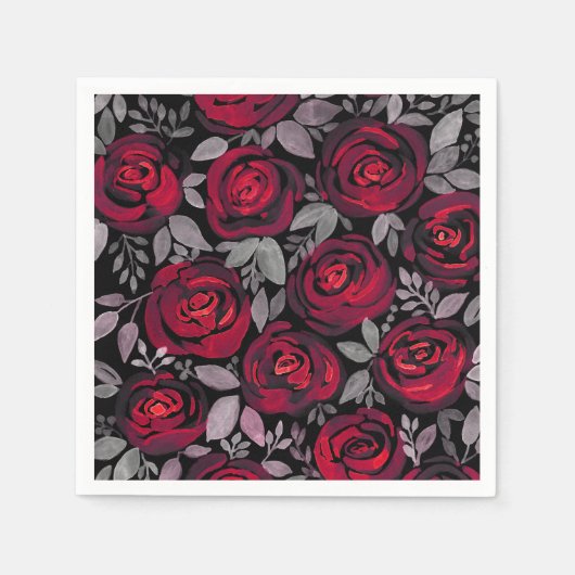 Aquarellfarbene Rose, rote Rosen in Schwarz Serviette (Vorderseite)