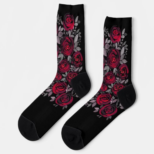 Aquarellfarbene Rose, rote Rosen in Schwarz Socken (Linkes Detail)