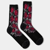 Aquarellfarbene Rose, rote Rosen in Schwarz Socken (Rechts)