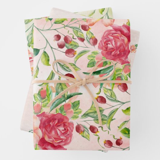 Aquarellfarbene Rose und Beeren mit Foliage Geschenkpapier Set (Beispiel)