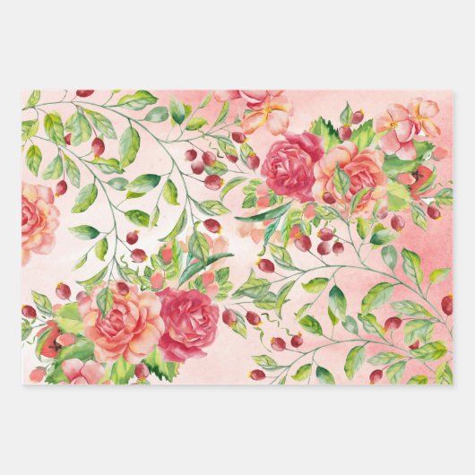 Aquarellfarbene Rose und Beeren mit Foliage Geschenkpapier Set (Vorderseite)