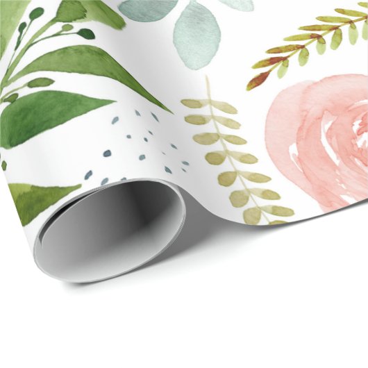 Aquarellfarbene Rose und Blätter im Grünen  Geschenkpapier (Rolleneckpunkt)