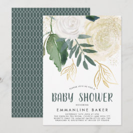 Aquarellfarbene Rose und Foliage Babydusche laden Einladung