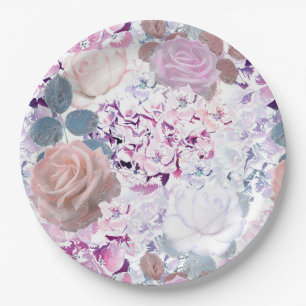 Aquarellfarbene Rose und Hydrangeas. Pappteller