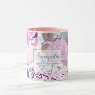 Aquarellfarbene Rose und Hydrangen, Tasse