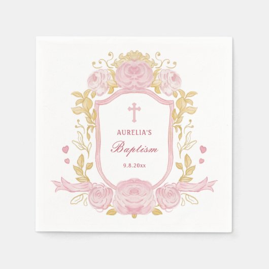 Aquarellfarbene Rose Wappen Taufe Serviette (Vorderseite)