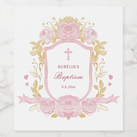 Aquarellfarbene Rose Wappen Taufe Weinkeller Weinetikett (Einzelnes Label)