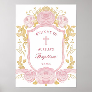 Aquarellfarbene Rose Wappen Taufe Willkommen Poster