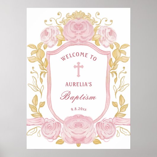 Aquarellfarbene Rose Wappen Taufe Willkommen Poster (Vorne)