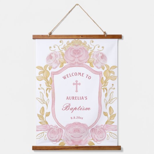 Aquarellfarbene Rose Wappen Taufe Willkommen Wandteppich Mit Holzrahmen (Vorderseite)