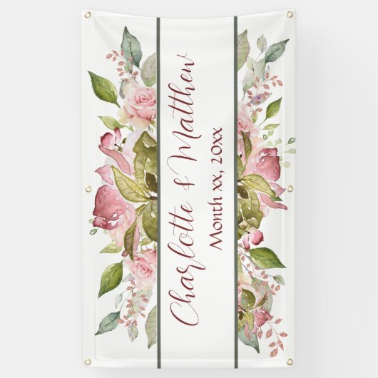 Aquarellfarbene Rose Weichrosa Hochzeit Banner (Vertikal)