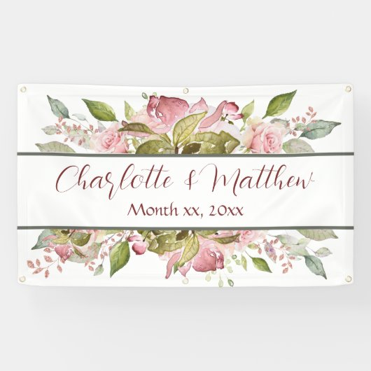 Aquarellfarbene Rose Weichrosa Hochzeit Banner (Horizontal)