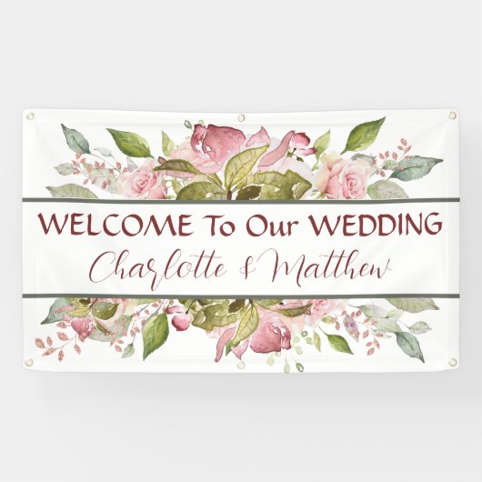 Aquarellfarbene Rose Weichrosa Hochzeit Banner (Horizontal)