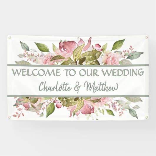 Aquarellfarbene Rose Weichrosa Hochzeit Banner (Horizontal)
