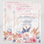 Aquarellfarbene Rosen & Blauer Blume Hochzeit Einladung (Vorne/Hinten)