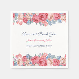 Aquarellfarbene Rosen & Blauer Blume Hochzeit Serviette