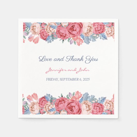 Aquarellfarbene Rosen & Blauer Blume Hochzeit Serviette (Vorderseite)