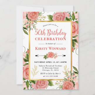Aquarellfarbene Rosen Blume 50. Geburtstag Einladung