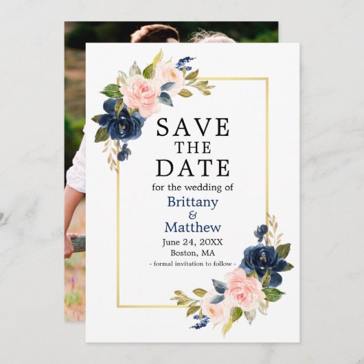 Aquarellfarbene Rosen Navy Blue Foto Gold Frame Save The Date (Vorne/Hinten)