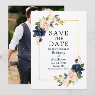 Aquarellfarbene Rosen Navy Blue Foto Gold Frame Save The Date