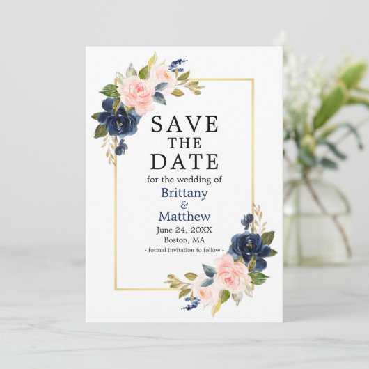 Aquarellfarbene Rosen Navy Blue Gold Frame Save The Date (Stehend Vorderseite)