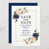 Aquarellfarbene Rosen Navy Blue Gold Frame Save The Date (Vorne/Hinten)