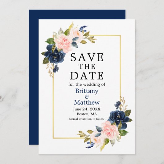 Aquarellfarbene Rosen Navy Blue Gold Frame Save The Date (Vorne/Hinten)