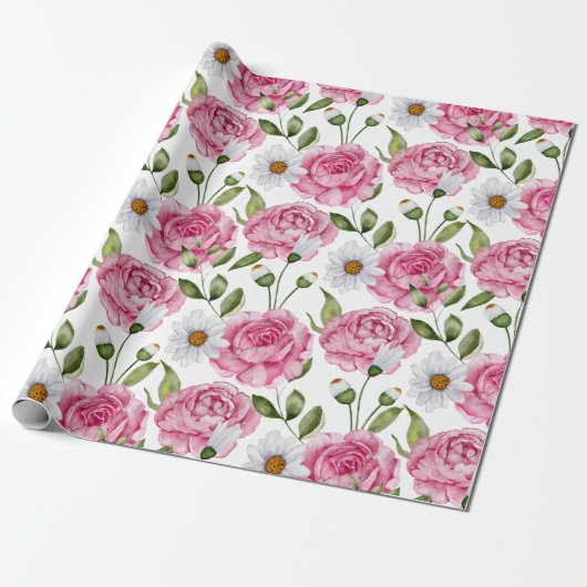 Aquarellfarbene Rosen und Daisy-Blume Geschenkpapier (Ungerollt)
