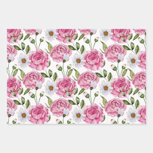 Aquarellfarbene Rosen und Daisy-Blume Geschenkpapier Set (Vorderseite 2)