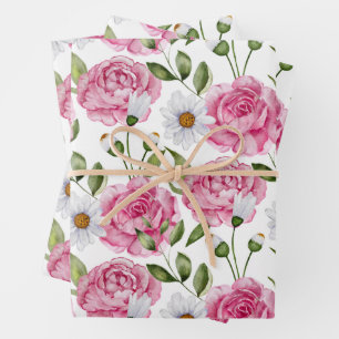 Aquarellfarbene Rosen und Daisy-Blume Geschenkpapier Set
