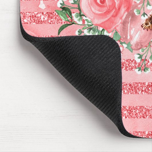Aquarellfarbene Rosen und Glitzer Streifen Mousepad (Ecke)