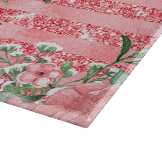 Aquarellfarbene Rosen und Glitzer Streifen Schneidebrett (Ecke)