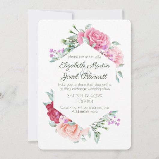 Aquarellfarbene Rosen & Violets Virtual Wedding Einladung (Vorderseite)