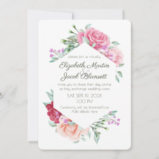 Aquarellfarbene Rosen & Violets Virtual Wedding Einladung