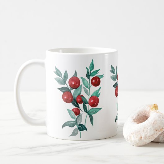 Aquarellfarbene Rote Berries Kaffeetasse (Mit Donut)